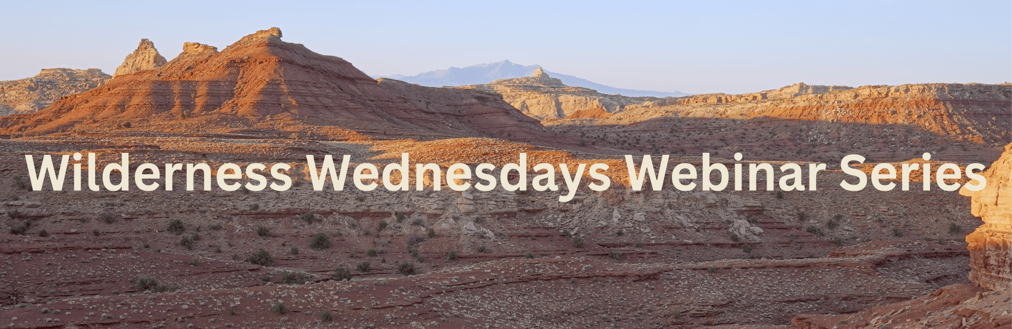 wilderness wednesdays webinar series banner, text on a desert landscape