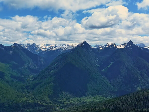 Forested mountain valley with snow-capped peaks under a cloudy blue sky