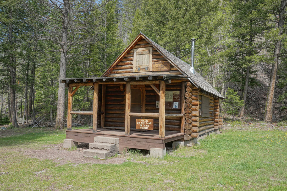 A wood cabin with signs on it in the woods