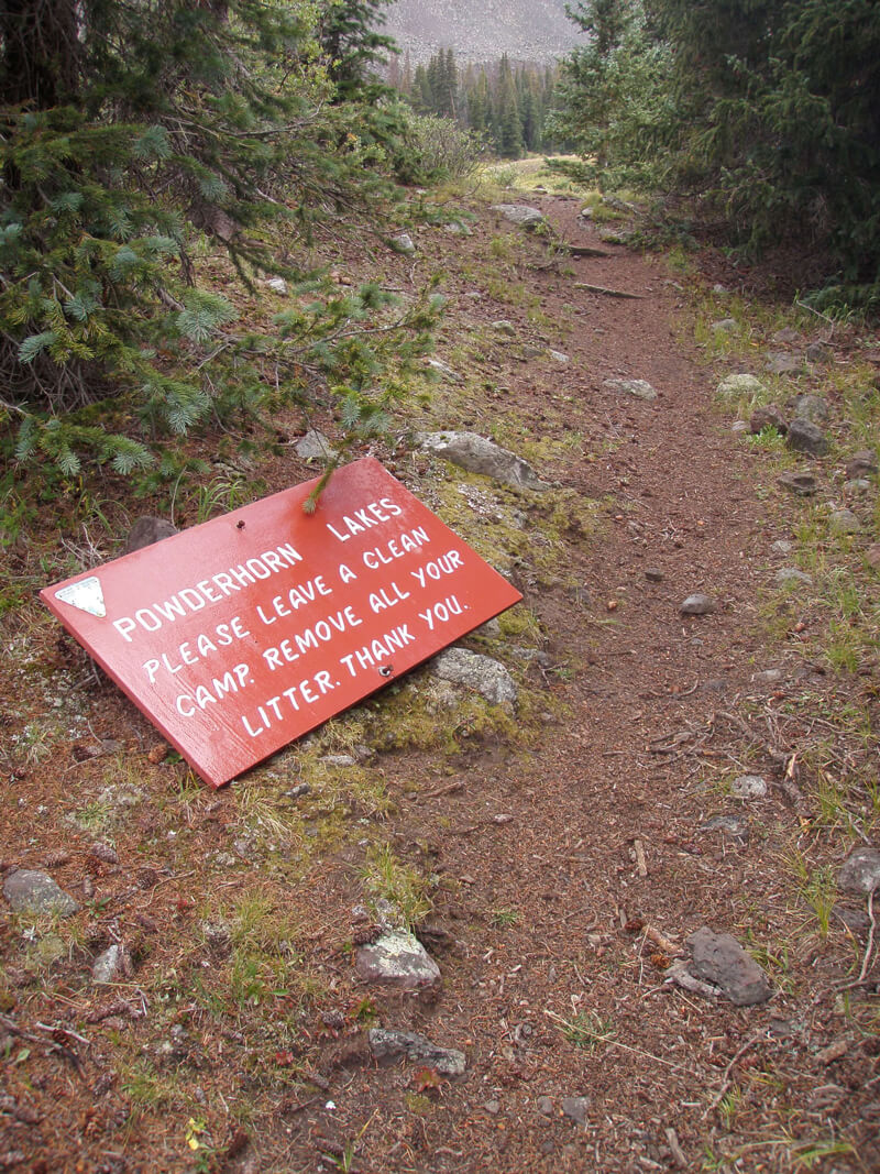 A sign laying on the ground beside a trail in a forest