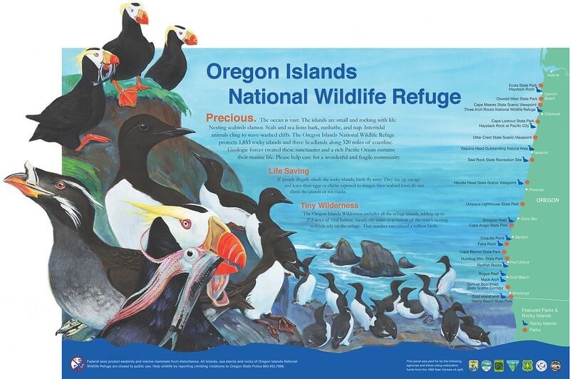 An interpretive panel that includes wilderness information about the Oregon islands National Wildlife Refuge.