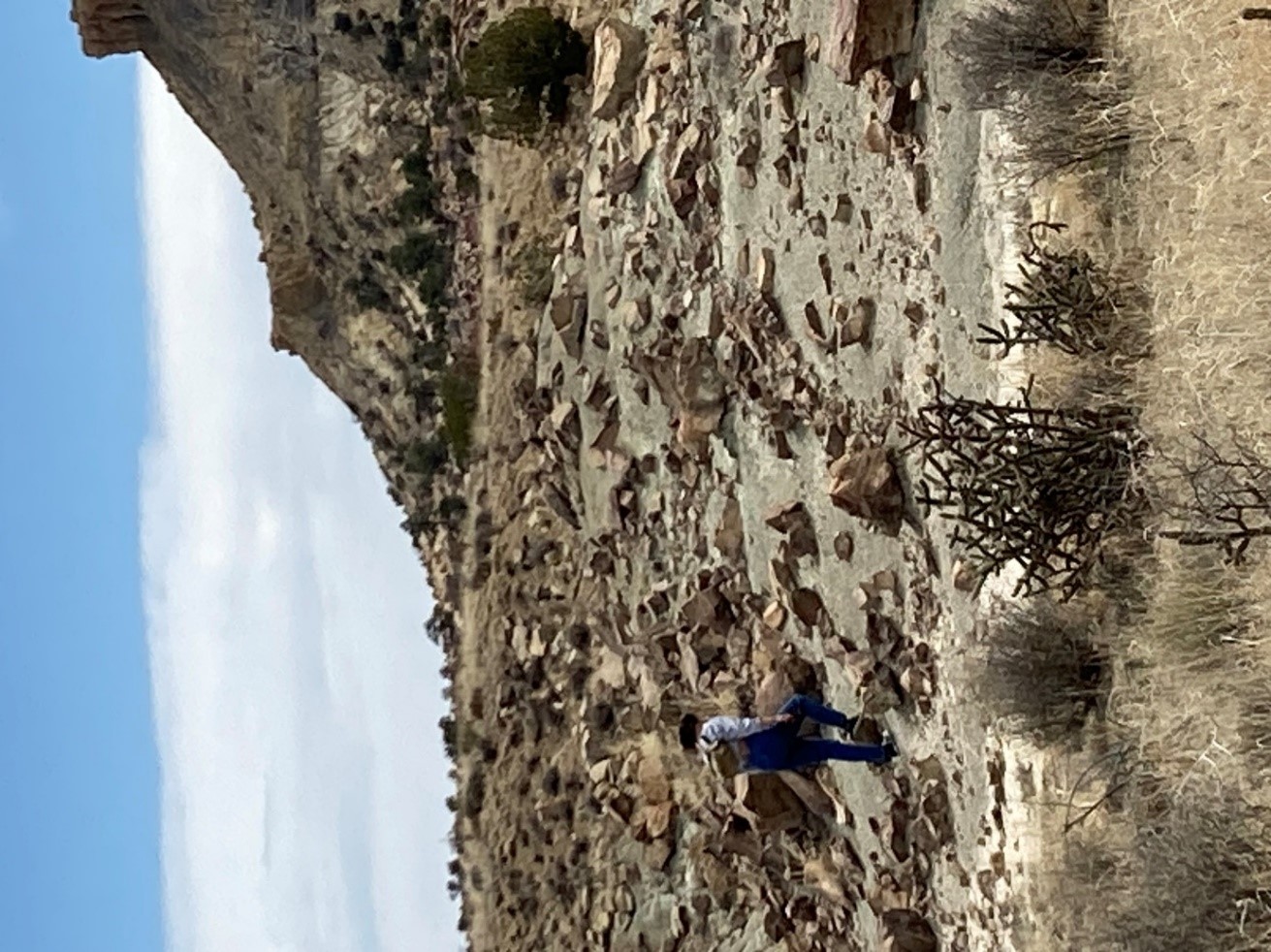 A lone hiker walking on a rocky landscape